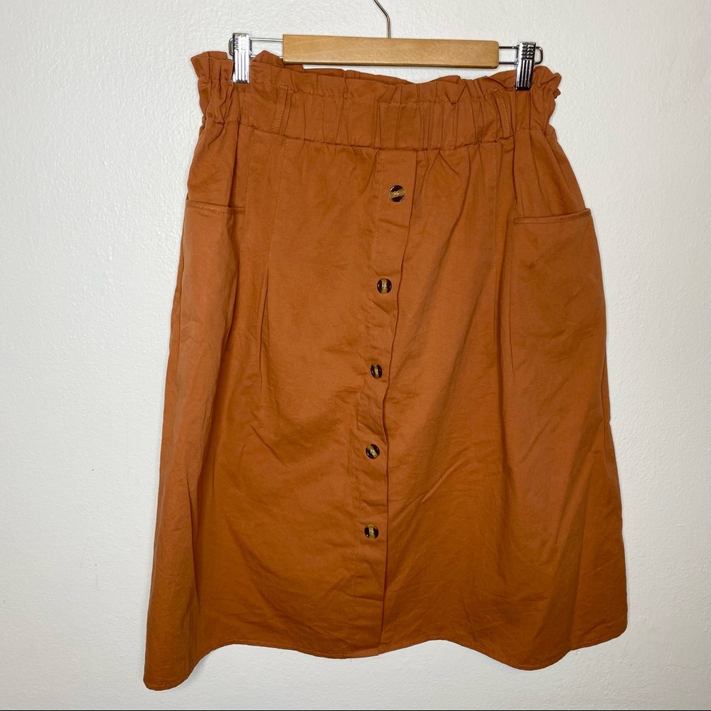 Sadie & Love Burnt Orange Paper Bag Waist MIDI Skirt Button Details and Pockets